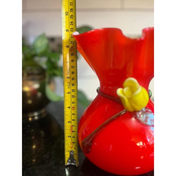Beautiful Vintage Murano 9" Red Cased Art Glass Vase Applied Yellow Rose Flower - Picture 8 of 9